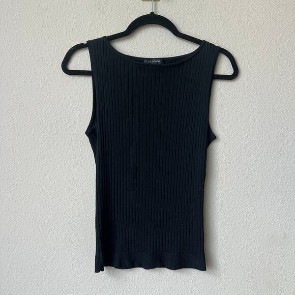 St. John Black Ribbed Knit Wool Blend Tank Top Size Small - Picture 2 of 6